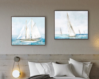 Abstract Sailboat Canvas Wall Art, Original Nautical Oil Painting on Canvas, Ocean Art, Modern Seascape Painting for Living Room, Home Décor