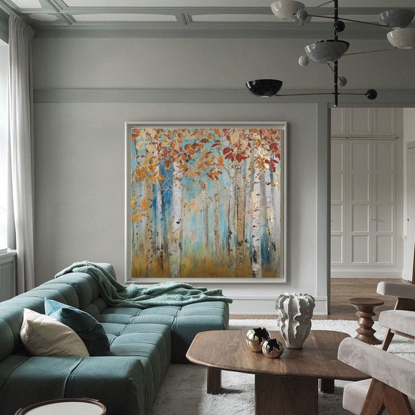 Abstract Birch Trees Canvas Wall Art, Original Aspen Trees Oil Painting on Canvas, Modern Autumn Landscape Painting for Living Room Bedroom