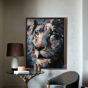 Pittura a olio originale del leone su tela, grande arte astratta della parete su tela di animali, opera d'arte moderna impressionista del leone per soggiorno, arredamento della camera da letto