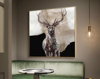 Large Abstract Deer Oil Painting on Canvas, Original and Hand-painted Stag Canvas Wall Art, Modern Animal Painting for Living Room Bedroom