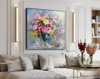 Impressionist Flower Oil Painting on Canvas, Large Colorful flowers Canvas Wall Art, Modern Textured Floral Painting for Living Room Bedroom