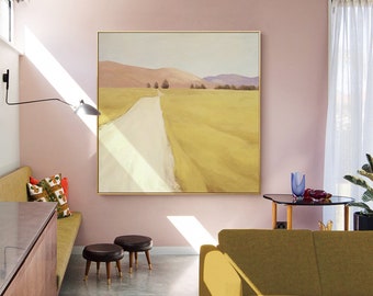 Grande dipinto a olio su tela con paesaggio astratto, originale e dipinto a mano, arte murale con paesaggio, moderna arte minimalista della natura per il soggiorno.