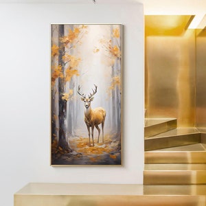 Large Original Forest and Deer Canvas Wall Art, Impressionist Landscape Oil Painting on Canvas,Modern Tree and stag Painting for Living Room
