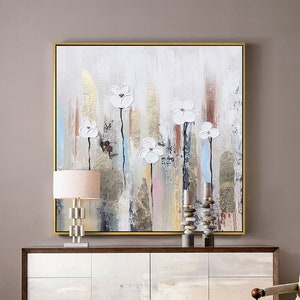 Abstract Flowers Canvas Wall Art, Large Original Floral Oil Painting on Canvas, Modern Textured Flower Painting for Living Room, Home Décor