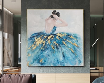 May include: A painting of a woman in a blue and gold dress. The woman is facing away from the viewer and has her hair pulled back. The dress is flowing and has a lot of detail. The painting is done in a loose, impressionistic style.