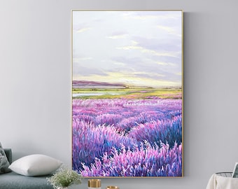 Original Lavender Canvas Art, Abstract Landscape Oil Painting on Canvas, Large Purple Wall Art, Modern Impressionist Artwork for Bedroom