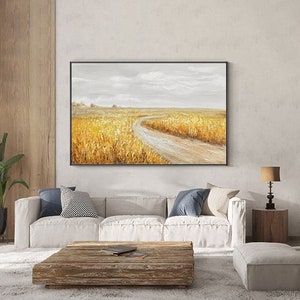 Impressionist Landscape Oil Painting on Canvas, Original Golden Wheat Field Canvas Art, Modern Nature Wall Art for Living Room,Bedroom Décor
