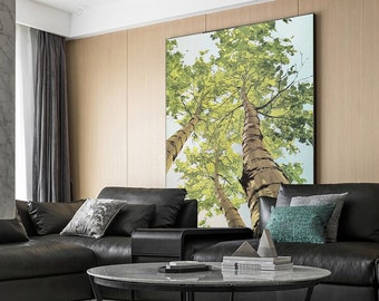 Abstraktes Baum Ölgemälde auf Leinwand, Großes Original Birkenbaum Leinwandbild, Moderne Herbst Landschaft Wandkunst für Wohnzimmer Schlafzimmer