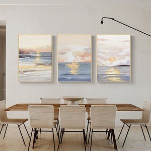 Dipinto a olio originale con paesaggio marino su tela, grande tela astratta con alba, dipinto moderno con oceano e nuvole strutturati per soggiorno
