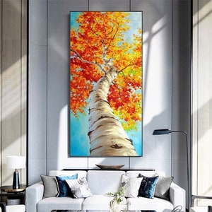 Abstract Tree Oil Painting on Canvas, Large Original Birch Tree Canvas Wall Art, Modern Autumn Landscape Wall Art for Living Room,Home Décor