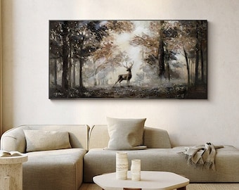 Dipinto a olio di paesaggio impressionista su tela, grande arte murale originale su tela con foresta e cervo, alberi moderni e dipinto di cervo per camera da letto