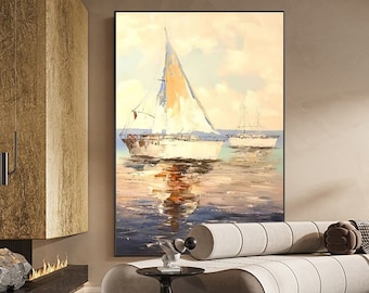 Abstract Sailboats Oil Painting on Canvas, Original Seascape Canvas Wall Art, Ocean Canvas Art, Modern Nautical Oil Painting for Living Room