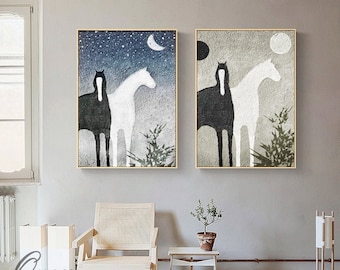 Abstract Black and White Horses oil painting on Canvas, Large Original Horse Canvas Wall Art, Minimalist Animal Painting for Living Room