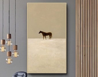 Grande quadro astratto su tela, dipinto a olio originale di un cavallo su tela, moderno quadro minimalista beige per soggiorno e camera da letto.