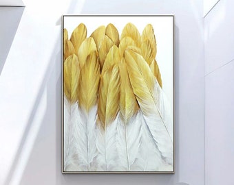 Abstract Gold and White Feather Canvas Wall Art, Original Animal Feather Oil Painting on Canvas, Modern Minimalist Artwork for Living Room