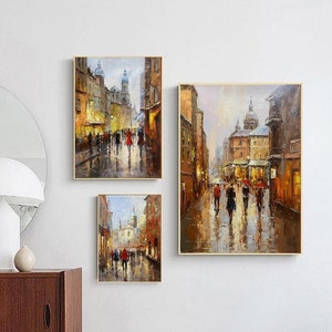 Abstract stadsgezicht olieverfschilderij op canvas, origineel straatbeeld canvas muurkunst, moderne getextureerde stedelijke schilderkunst voor woonkamer, woondecoratie