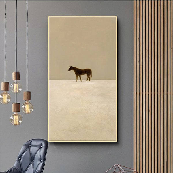 Large Abstract Canvas Wall Art, Original Horse Oil Painting on Canvas, Modern Minimalist Beige Wall Art for Living Room, Bedroom Decor