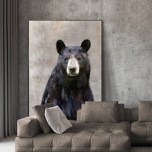 Large Abstract Black Bear Canvas Wall Art, Original Hand-painted Bear Oil Painting on Canvas, Modern Animal Painting for Living Room Bedroom