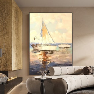 Abstrakte Segelboote Ölgemälde auf Leinwand, Original Seelandschaft Leinwand Wandkunst, Ozean Leinwand Kunst, modernes Ölgemälde für Wohnzimmer