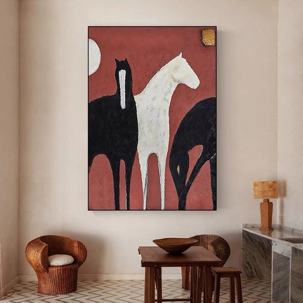 Abstract White and Black Horses oil painting on Canvas, Large Original Horse Canvas Wall Art, Modern Animal Painting for Living Room Bedroom