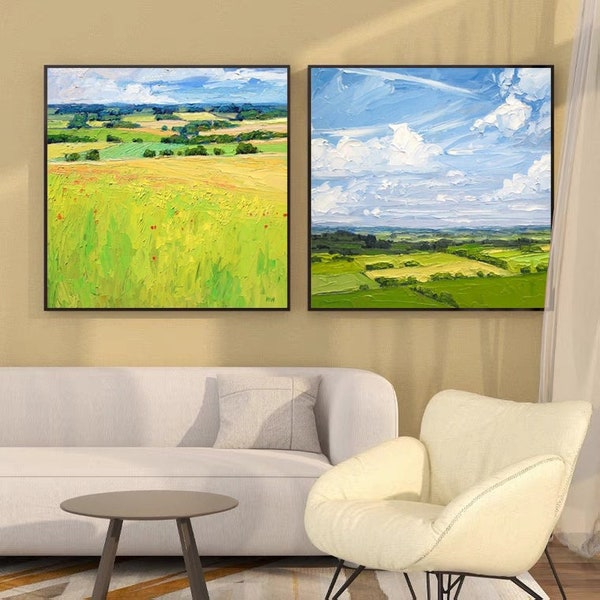 Abstract Landscape Oil Painting on Canvas, Original Clouds and Field Canvas Art, Modern Field Scenery, Large Nature Wall Art for Living Room