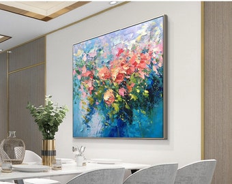 Original Roses Painting on Canvas, Impressionist Flowers Painting, Large Colorful Floral Wall Art, Modern Living Room Wall Art,Bedroom Decor