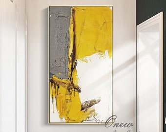 Grande peinture à l’huile abstraite sur toile, art mural original sur toile jaune et blanche, art mural minimaliste moderne pour le salon, décor de chambre à coucher