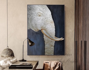 Large Abstract Elephant Oil Painting on Canvas, Original Silver Elephant Wall Art, Modern Minimalist Animal Wall Art for Living Room Bedroom