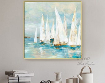 Abstract White Sailboats Painting on Canvas, Large Original Nautical Canvas Wall Art, Modern Seascape Oil Painting for Living Room Bedroom