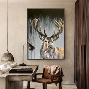 Large Abstract Deer Oil Painting on Canvas, Original Hand-painted Stag Canvas Wall Art, Modern Animal Painting for Living Room, Home décor