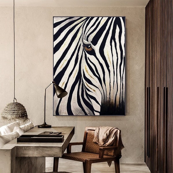 Abstract Zebra Oil Painting on Canvas, Large Original Zebra Canvas Wall Art, Modern Hand-painted Animal Painting for Kids Room Living Room