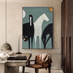 Abstract White and Black Horses oil painting on Canvas, Large Original Horse Canvas Wall Art, Modern Animal Painting for Living Room Bedroom