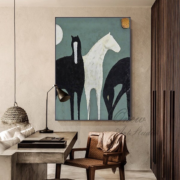 Abstract White and Black Horses oil painting on Canvas, Large Original Horse Canvas Wall Art, Modern Animal Painting for Living Room Bedroom