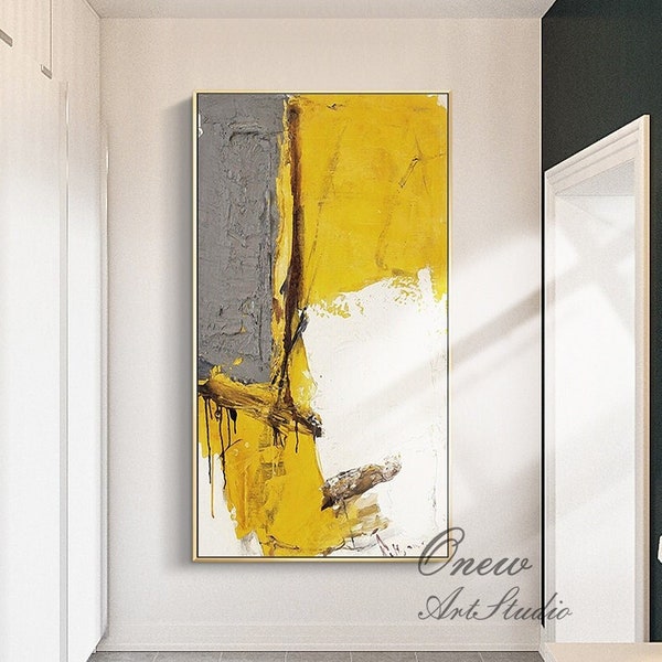 Large Abstract Oil Painting on Canvas, Original Yellow and White Canvas Wall Art, Modern Minimalist Wall Art for Living Room, Bedroom Decor