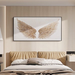 Original Angel Wing Oil Painting on Canvas, Abstract Gold Wings Canvas Wall Art, Modern Textured Feather Painting for Living Room,Home Décor