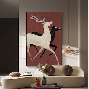 Black and White Abstract Deer Acrylic Painting on canvas, Large Original Stag and Doe Canvas Wall Art,Modern Animal Painting for Living Room