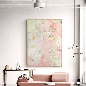 Original Pink and Green Canvas Wall Art, Large Abstract Flower Oil Painting on Canvas, Modern Textured  Wall Art for Living Room, Home Decor