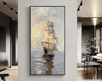 Large Abstract Sailboat Oil Painting on Canvas, Original Seascape Canvas Wall Art, Ocean Painting, Modern Nautical Wall Art for Living Room