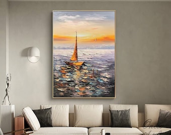 Abstract Seascape Oil Painting on Canvas, Original Sailboat and Sunrise Canvas Wall Art, Ocean Art, Modern Nautical Wall Art for Living Room