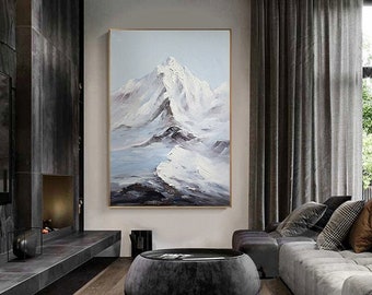Abstract Snowy Mountain Canvas Wall Art, Original Hand-painted Mountain Oil Painting on Canvas, Modern Landscape Painting for Living Room