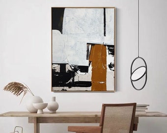 Grande peinture à l’huile abstraite sur toile, art mural minimaliste original sur toile, art mural moderne en noir et blanc pour le salon, décor de chambre à coucher