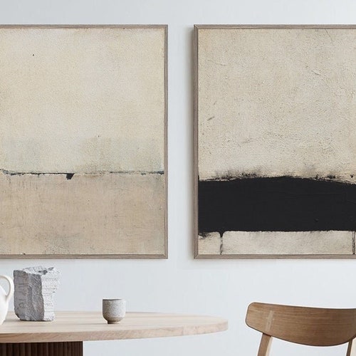 Framed Beige Minimalist Wall Art Large Abstract Grey Painting Etsy