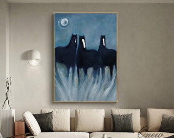 Large Abstract Black Horses oil painting on Canvas, Original Hand-painted Horse Canvas Wall Art, Modern Animal Painting for Living Room