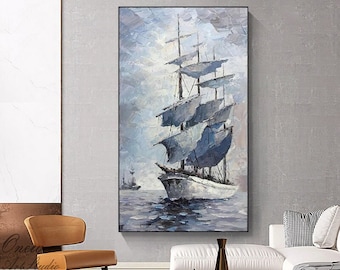 Large Abstract Sailboat Canvas Wall Art, Original Nautical Oil Painting on Canvas, Modern Hand-painted Seascape Painting for Living Room