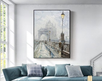 Abstrakt stadslandskap canvastavla, stor original bro akrylmålning på duk, impressionistisk gatulandskap oljemålning för vardagsrum