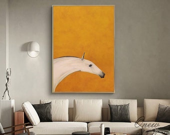 Dipinto a olio astratto di cavallo su tela, originale opera d'arte murale su tela arancione e bianca, moderno dipinto minimalista di animali per soggiorno, camera da letto