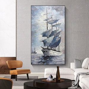Large Abstract Sailboat Canvas Wall Art, Original Nautical Oil Painting on Canvas, Modern Hand-painted Seascape Painting for Living Room