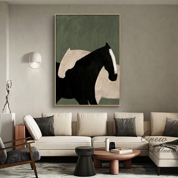 Abstract Black and White Horse Oil Painting on Canvas, Large Original Horses Canvas Wall Art, Modern Animal Wall Art for Living Room Bedroom