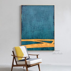 Großes abstraktes Ölgemälde auf Leinwand, Original Blau und Orange Leinwand Wandkunst, moderne minimalistische Wandkunst für Wohnzimmer, Schlafzimmer Dekor