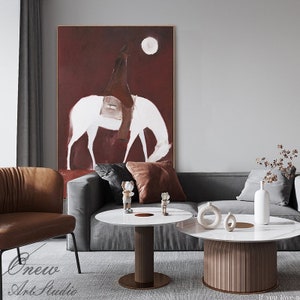 Abstract Horse Riding Oil Painting on Canvas, Original White Horse at Moonlit Night Canvas Wall Art,Abstract Cowboy Painting for Living Room